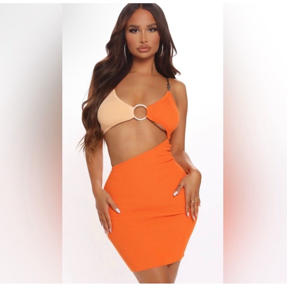 Fashion Nova Double Dose Cut Out Mini Dress Women's Small Orange Colorblock